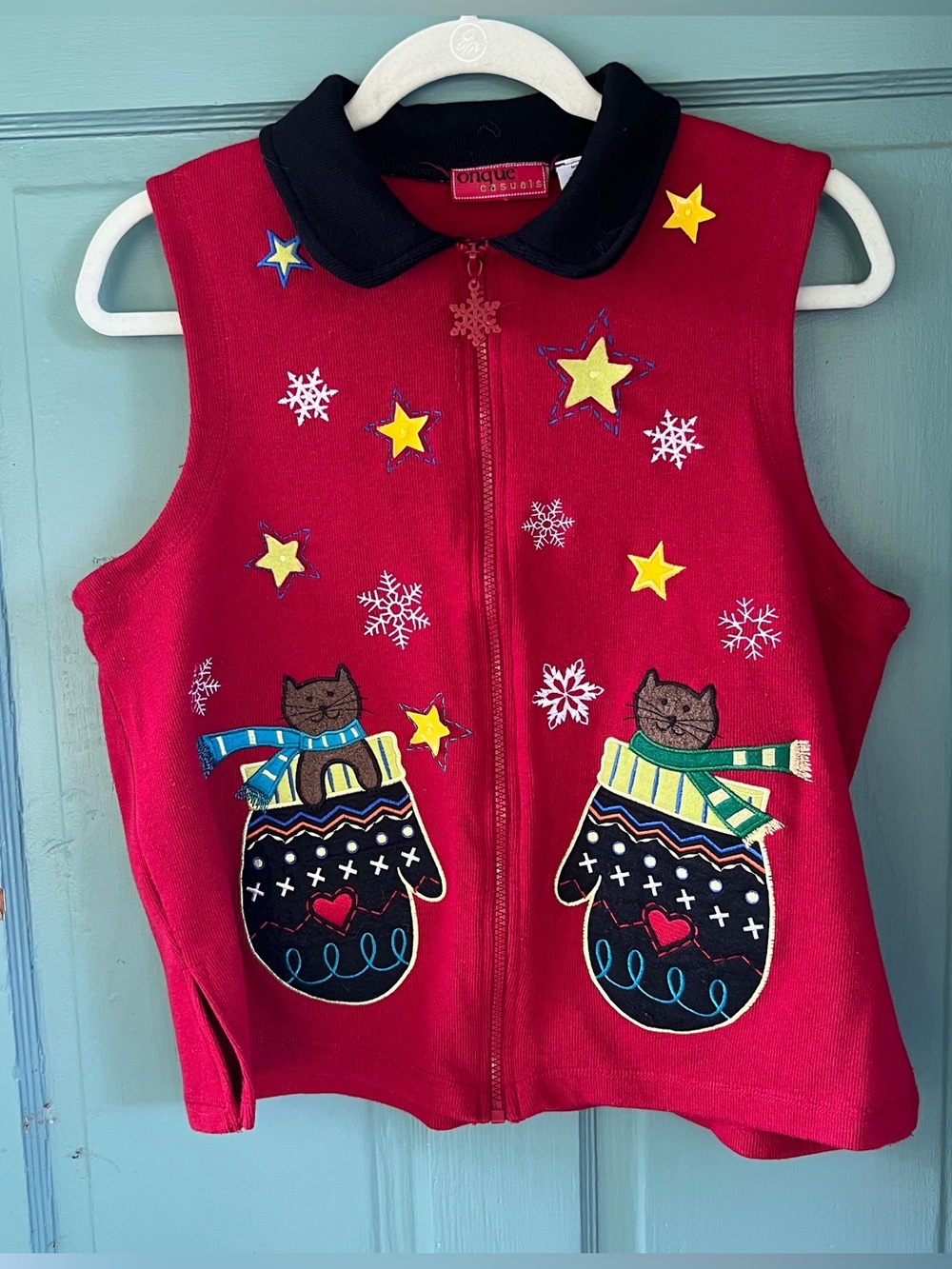 Vintage Knit Red Onque Casuals Zippered Christmas Sweater Vest Stars Cats XL